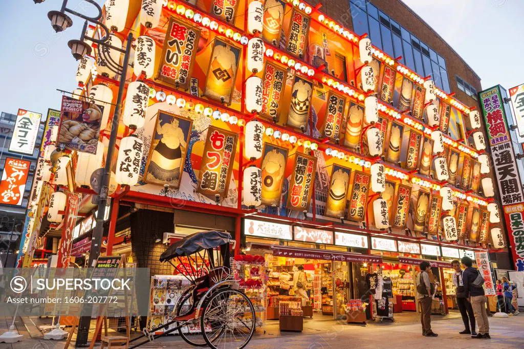 Japan,Honshu,Kansai,Osaka,Tennoji,Restaurant Facade with Lanterns and Sumo Wrestler Picture Decoration
