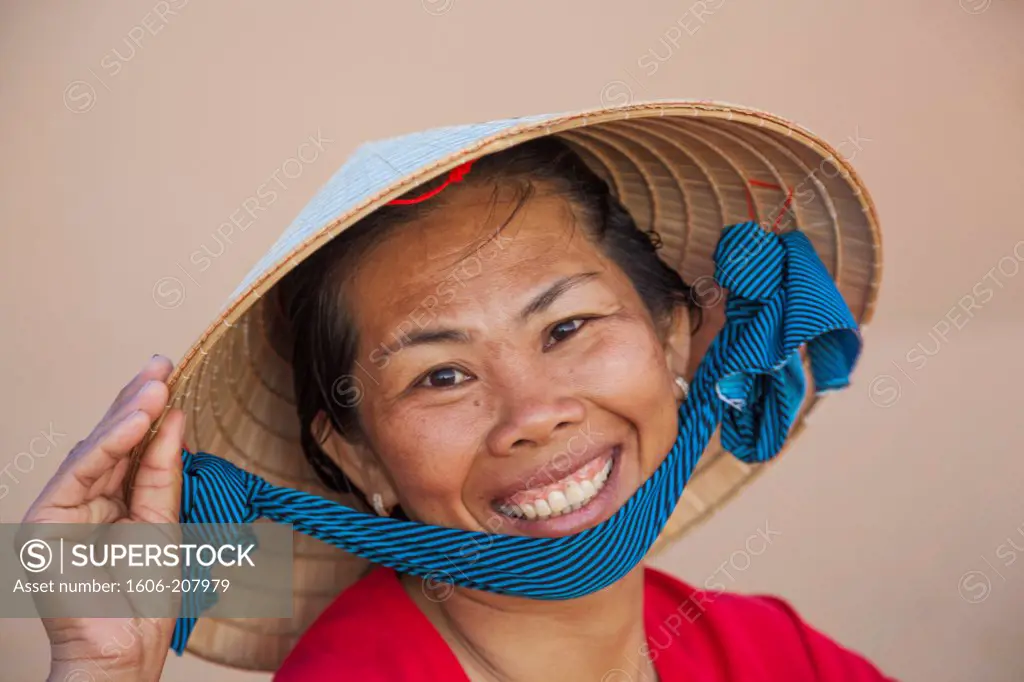 Vietnam,Mui Ne,Mui Ne Beach,Portrait of Woman in Conical Hat
