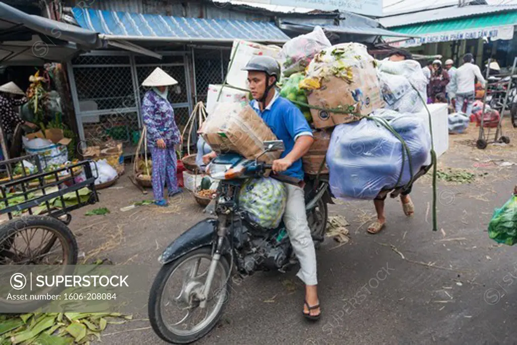 Vietnam,Nha Trang,Dam Market,Overloaded Motorcycle Transporting Market Goods