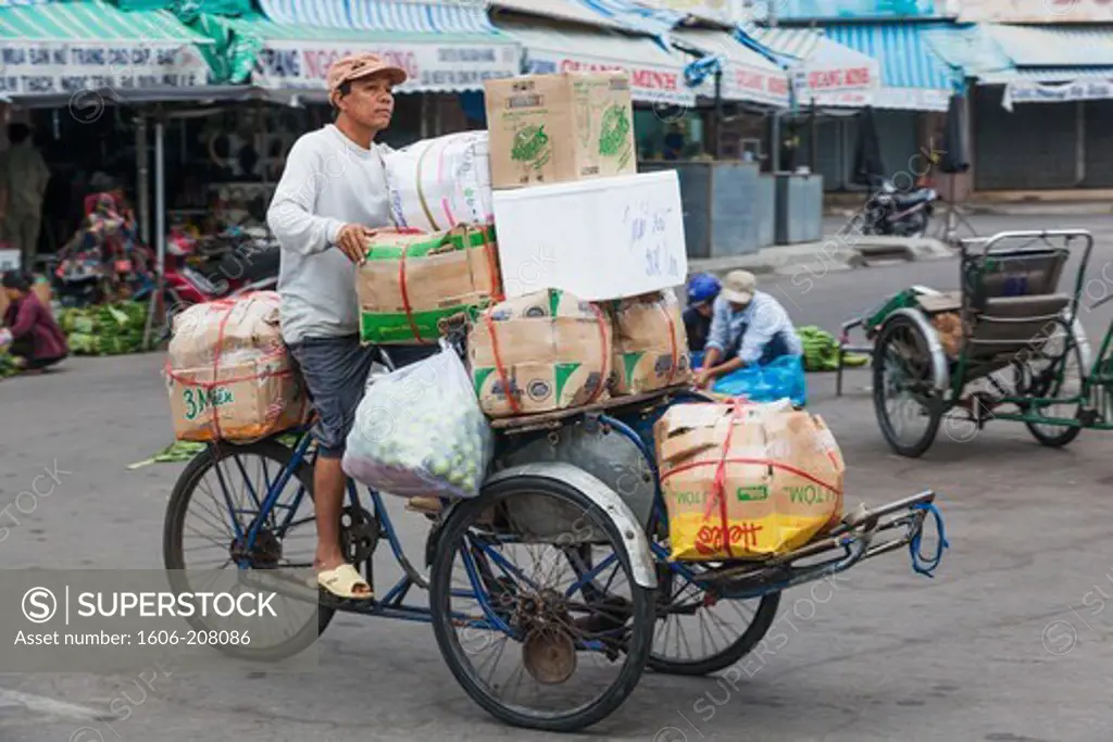 Vietnam,Nha Trang,Dam Market,Overloaded Tricycle Transporting Market Goods