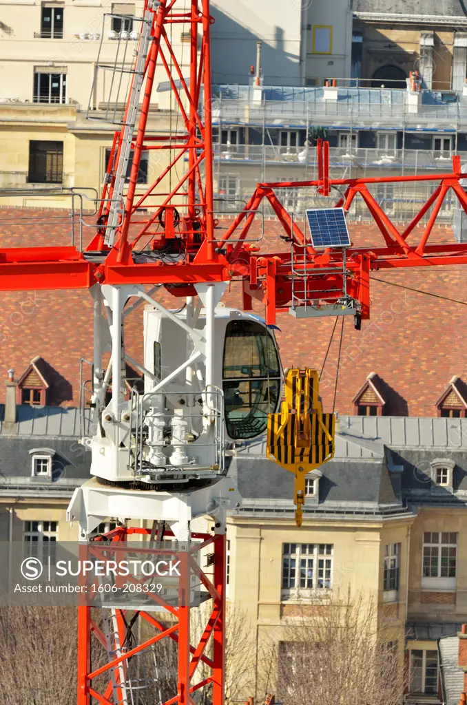 France, Ile-de-France, Paris, Crane of construction site, aerial view