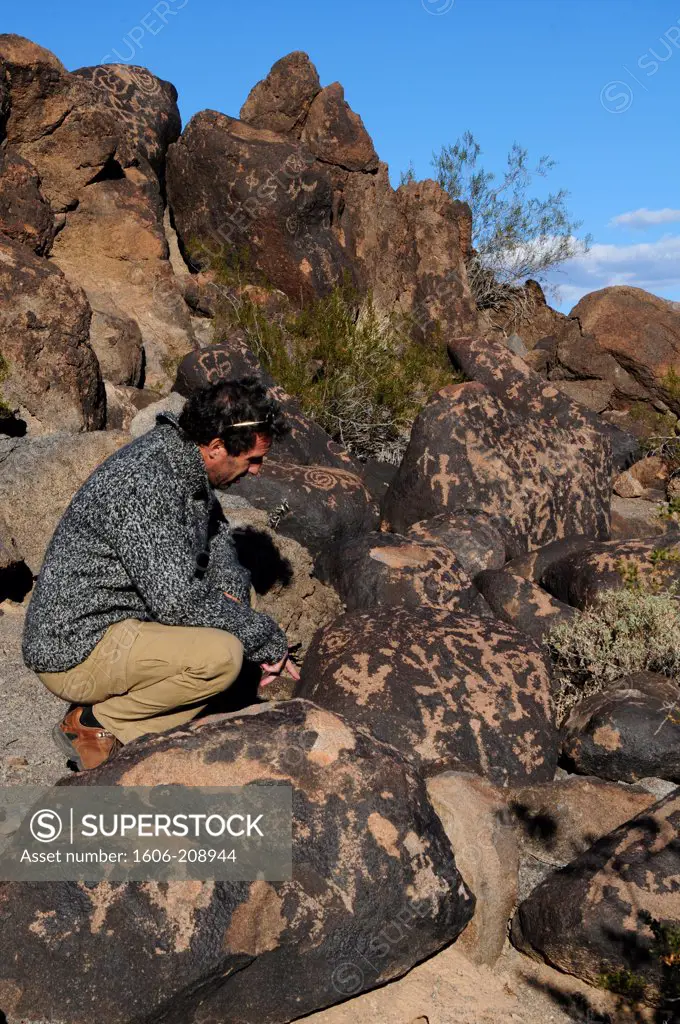 USA ARIZONA Painted Rocks site nearby GILA BEND a man is observing some rocks engraved with enigmatic signs dated from the Hohokam Classic Period 1200-1450 AD