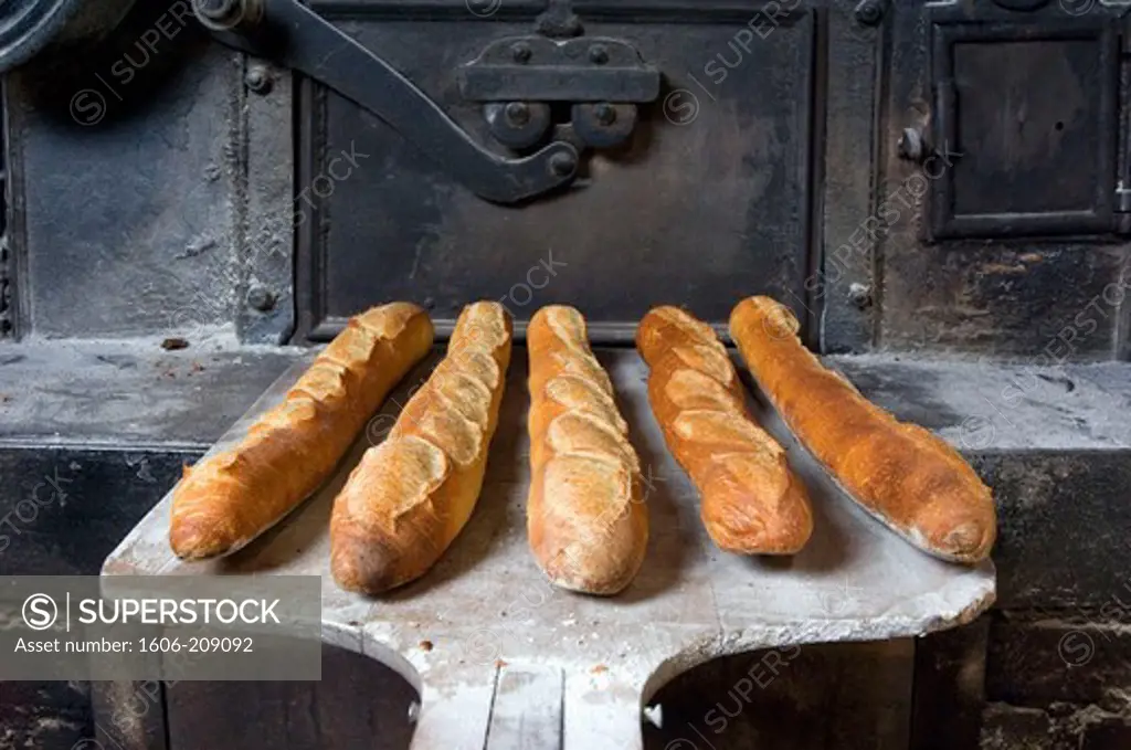 France, Paris, bakery, bread (baguettes) on a baking shovel in front of a wood-fired oven