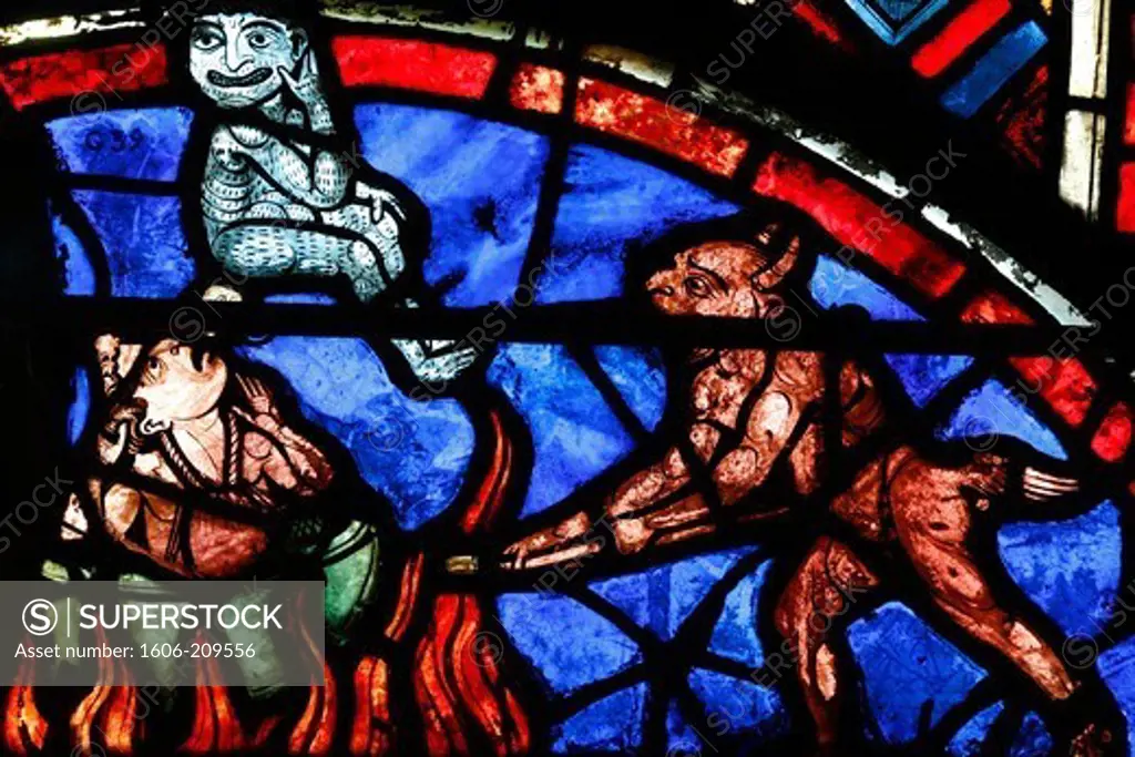 The Last Judgment. Stained-glass window. Bourges cathedral. 13th century. Bourges. France.