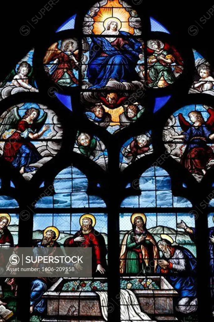 Assumption of Virgin, 1619. Stained-glass window. Bourges cathedral. Bourges. France.