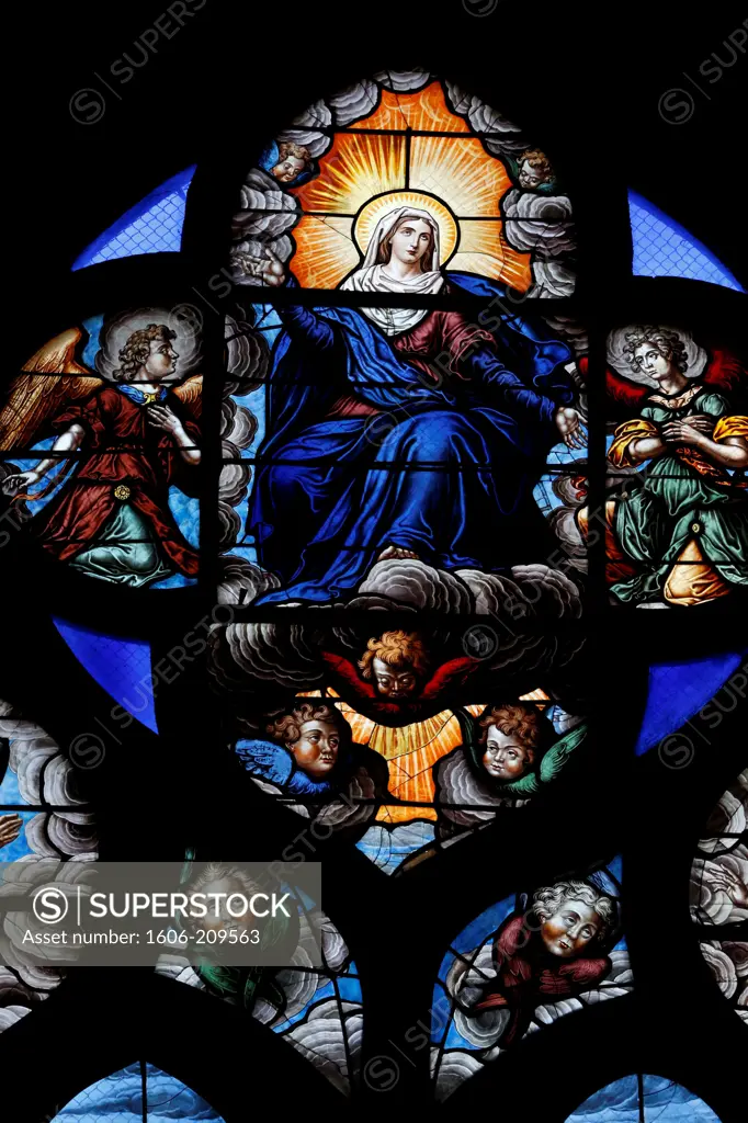 Stained-glass window. The Assumption of the Blessed Virgin Mary into Heaven. Bourges. France.