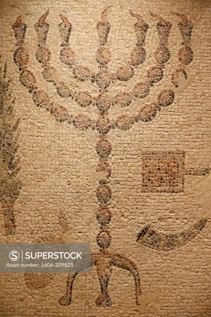 Portion of a Synagogue Mosaic Floor (Replica). original : Beth Alpha Synagogue, Israel. 6th century CE. Menorah. The jewish Museum New York. New York. USA.