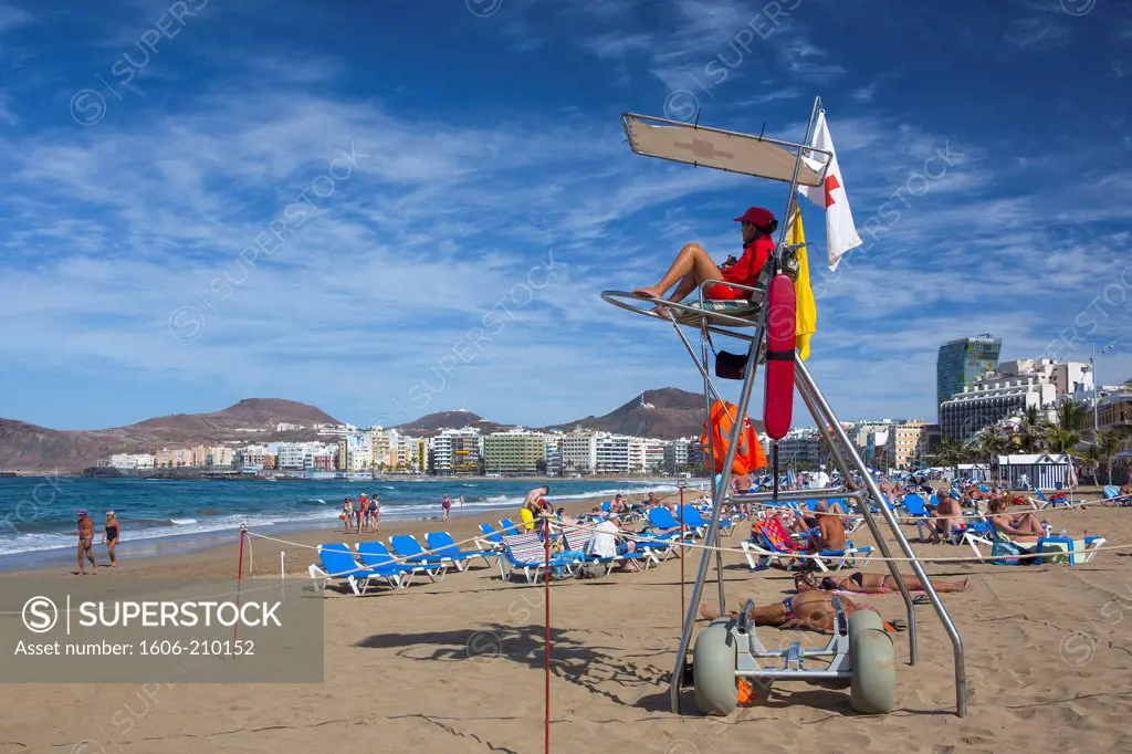 Spain, Canary Islands, Gran Canaria Island, Las Palmas City, Las Canteras Beach, Life Guard,