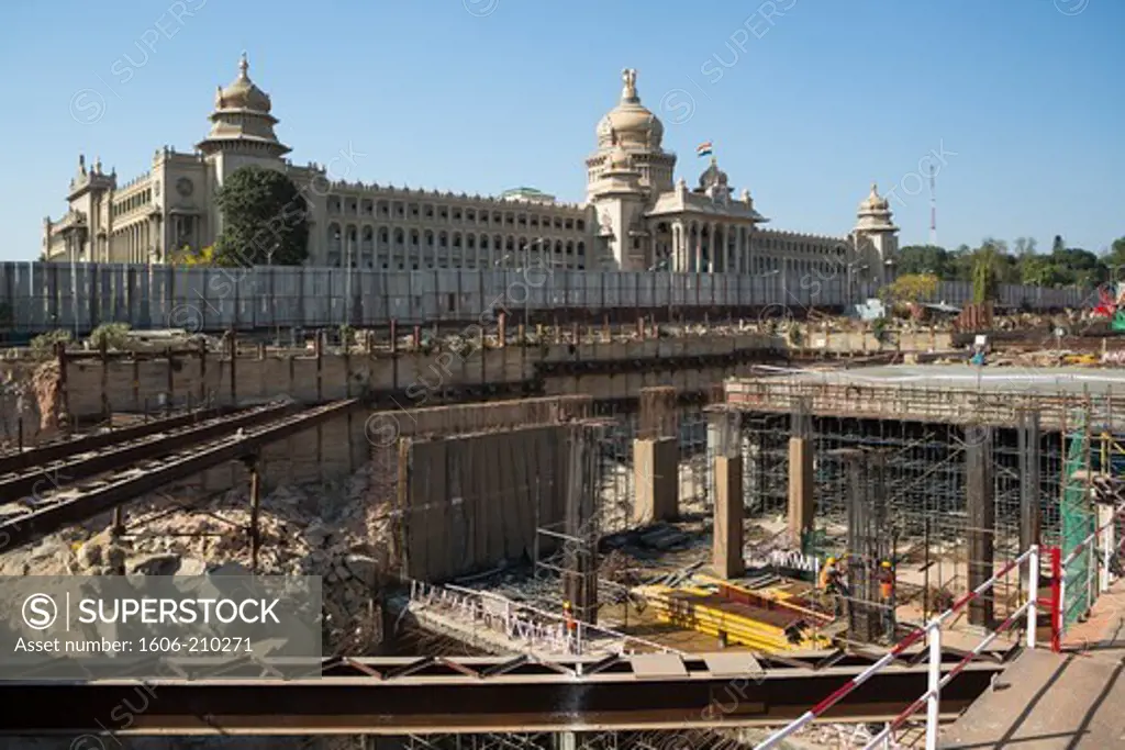 India, Karnataka State, Bangalore City, Downtown, Vidhana Soudha Bldg. (Parliament).Subway station under construction.