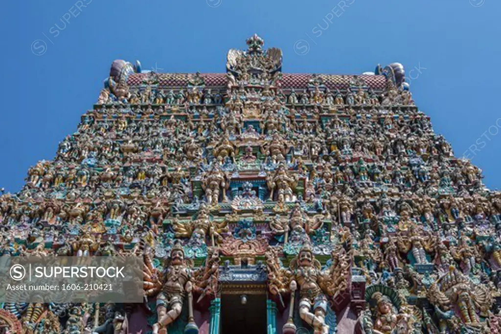 India, Tamil Nadu State Madurai City, Sri Meenakshi Temple, Gopuram, detail