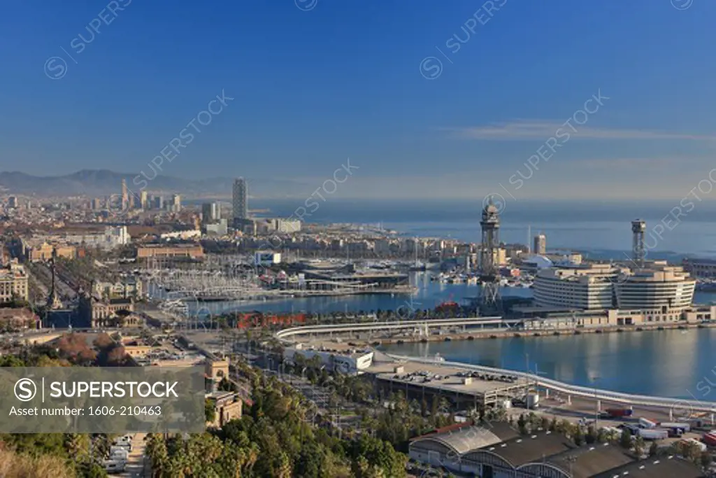 architecture, barcelona, belvedere, center, dowtown, harbour, landscape, mediterranean, morning, port, skyline, trade, world