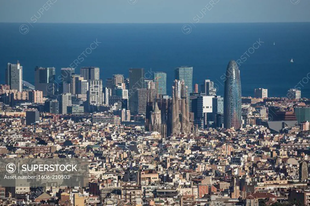 Spain, Catalunya Region, Barcelona City,Diagonal Mar Skyline, Sagrada Familia Cathedral and Agbar Tower