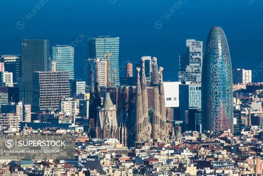 Spain, Catalunya Region, Barcelona City,Diagonal Mar Skyline, Sagrada Familia Cathedral and Agbar Tower