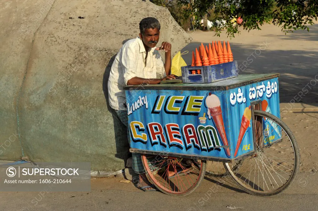 A icecream cart and a stand with icecream Mysore,Karnataka state,South India,Asia