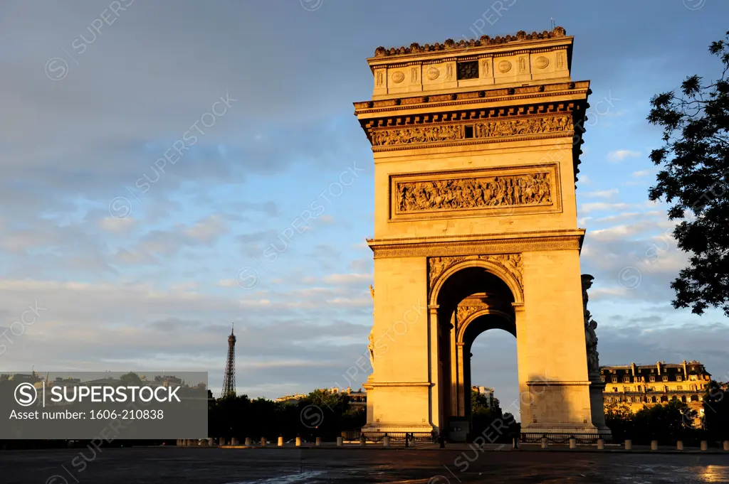 Arc de Triump,arch, and Eiffel tower in the background in Paris,France,Europe