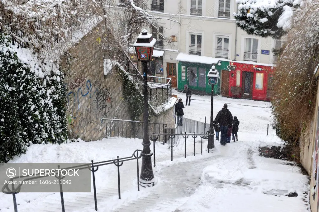 Montmartre staircases  in Paris winter a snowy day,France,Europa