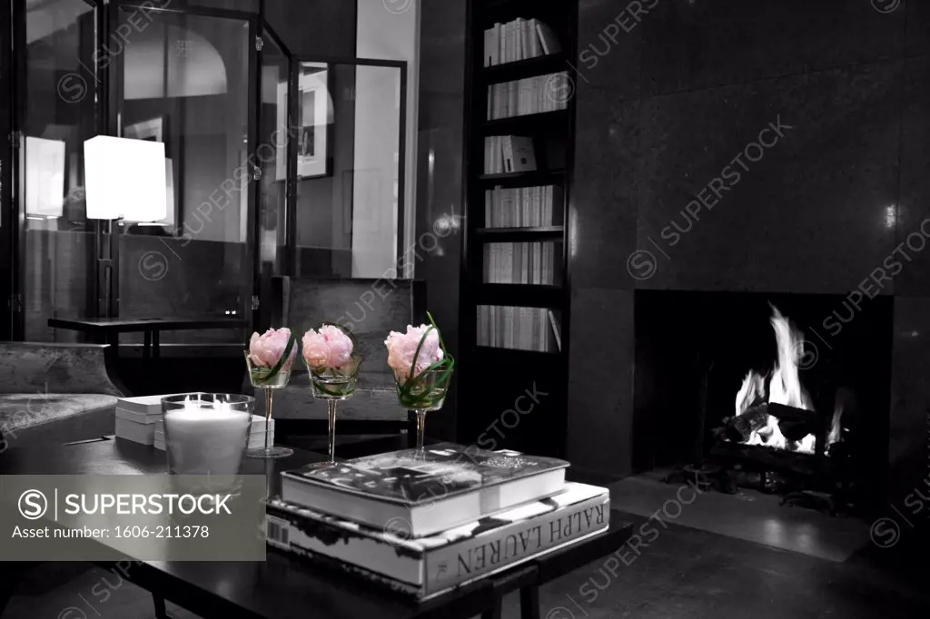 France, Paris, Montalembert Hotel, fireplace, table, bookcase
