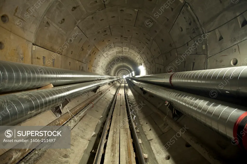 USA, Seattle, water pipes installation, pipes in tunnel.