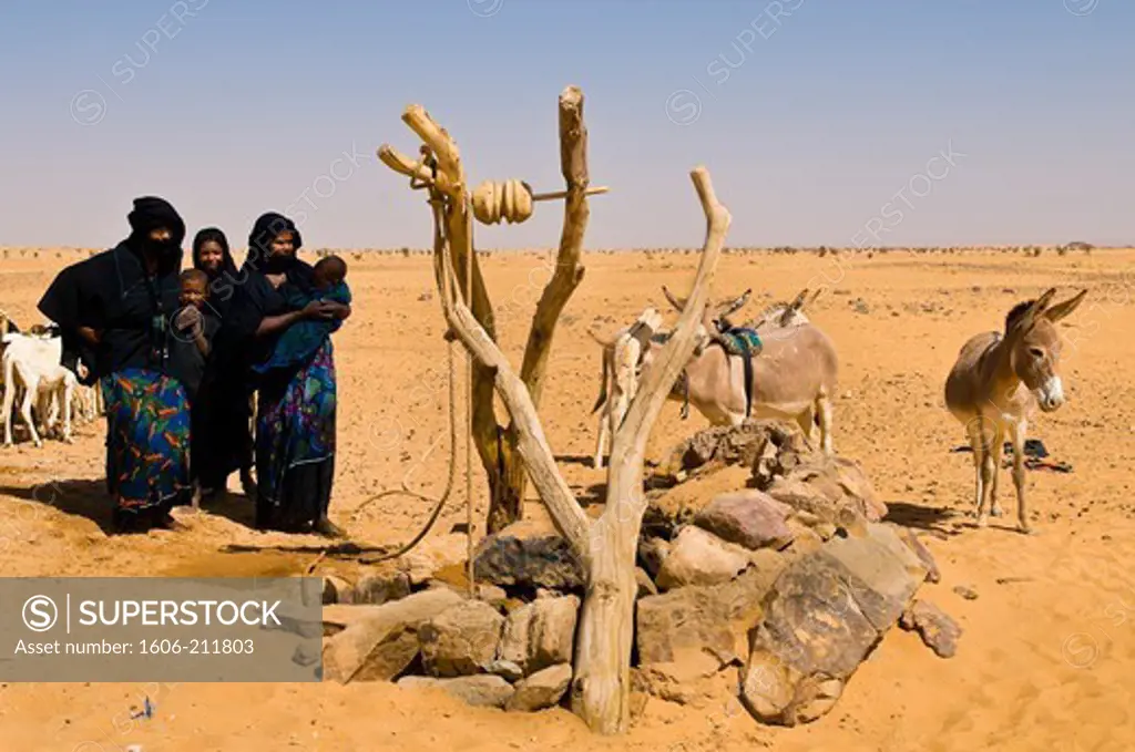 West Africa, Niger, Agadez Province, Sahara desert, Tiguidit cliffs, nomadic Tuareg women at the well