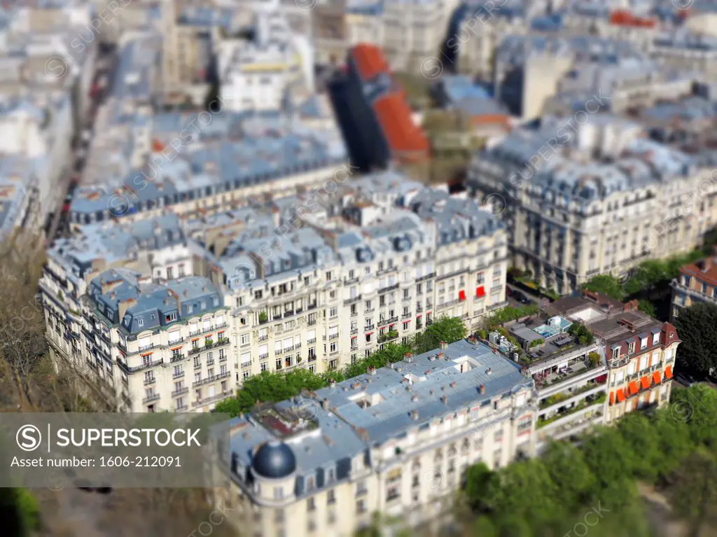 France, Paris, 7th arrondissement, old buildings from the second floor of the Eiffel Tower. Miniature Effect.