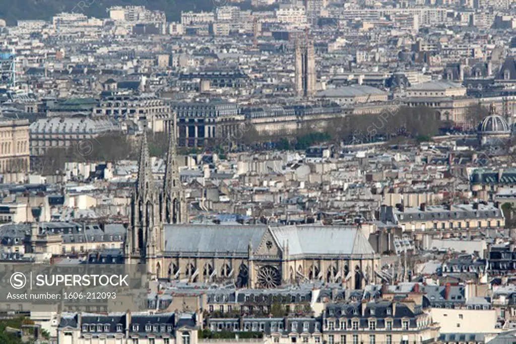 France, Paris, 7th arr, the Sainte Clothilde Basilica in the foreground, and Saint Jacques Tower in the background, seen from the second floor of the Eiffel Tower.