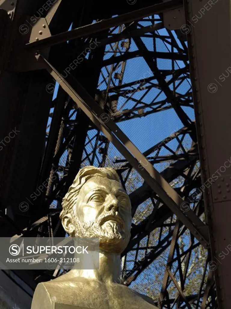 France, Paris, 7th arrondissement. Eiffel Tower. Sculpture of Gustave Eiffel.