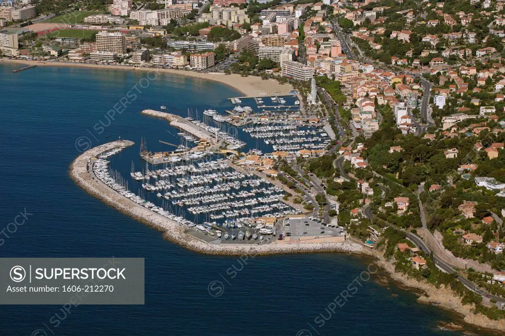 France, Var (83), Le Lavandou the coast its port and beach resort of international renown (aerial photo)