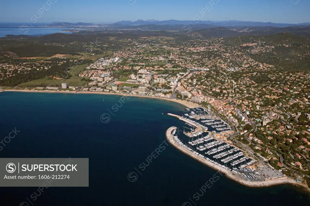 France, Var (83), Le Lavandou the coast its port and beach resort of international renown (aerial photo)