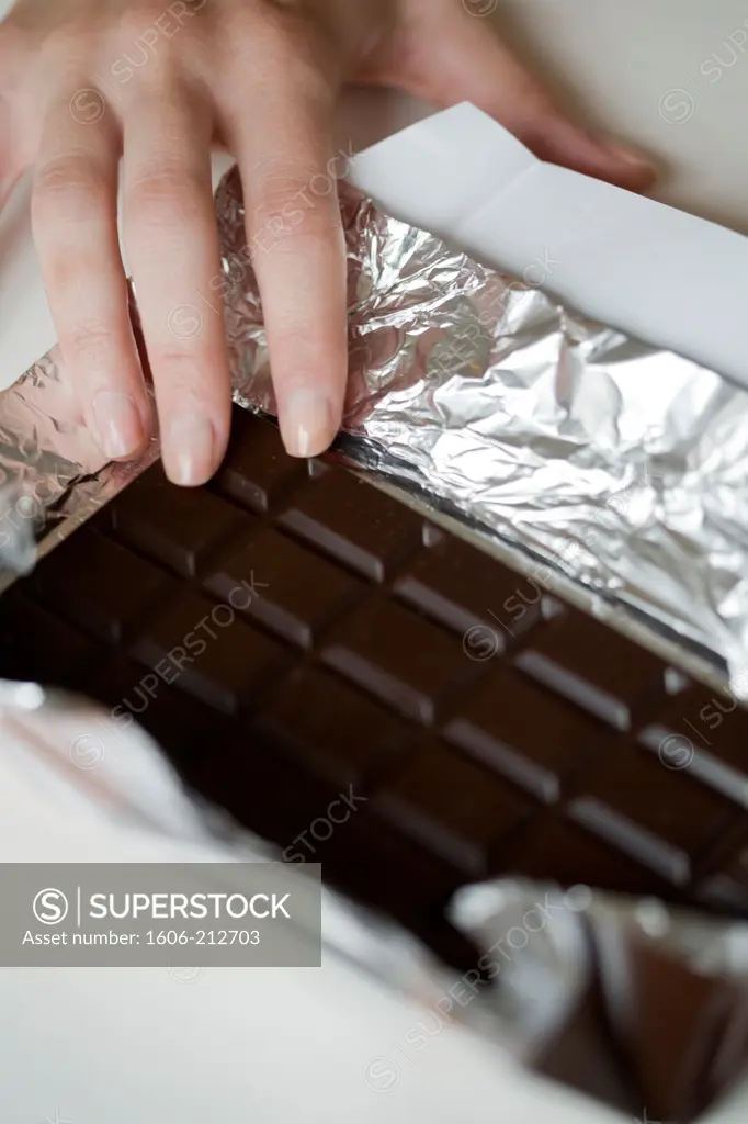 Close-up of a chocolate bar and a hand touching it.