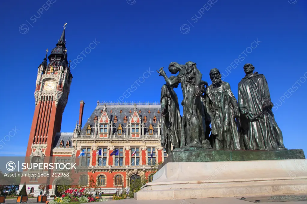 France, Town hall of Calais and statues by Auguste Rodin.