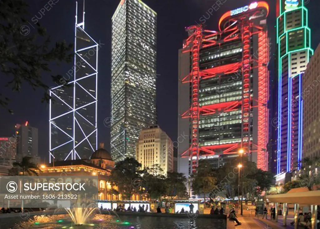 Asia,China, Hong Kong, Central district at night, Bank of China, Citibank, Legislative Council, HSBC Bank