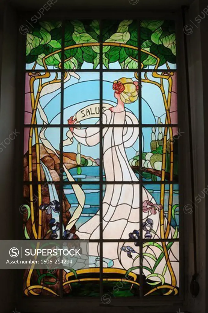 France,Savoie, Aix les Bains, stained-glass window Art nouveau, inside the former  Excelsior luxury hotel.