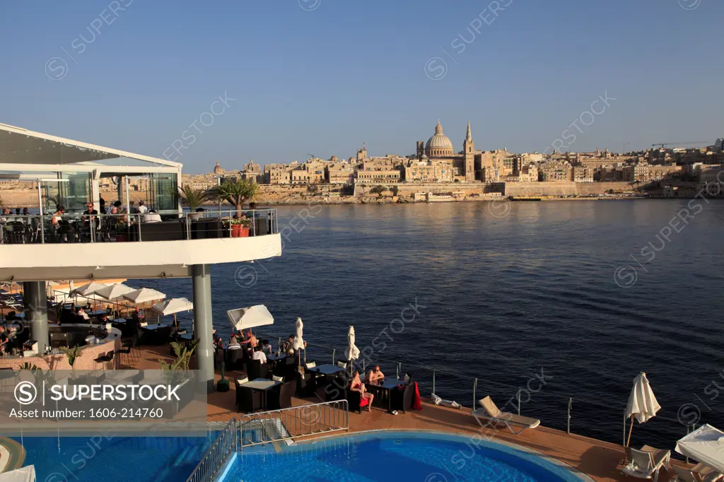 Malta, Sliema, swimming pool, Valletta skyline