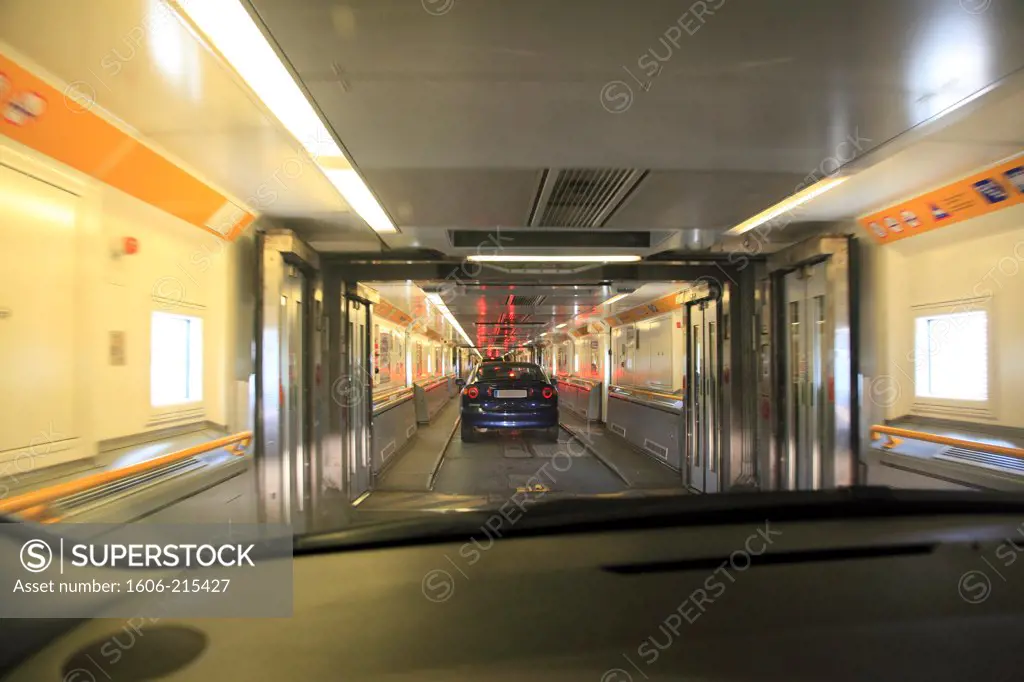 England, Folkestone. Car entering in Eurotunnel shuttle in order to cross the channel.