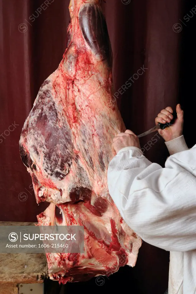 France, Paris, a butcher carves a thigh of beef with a carving knife