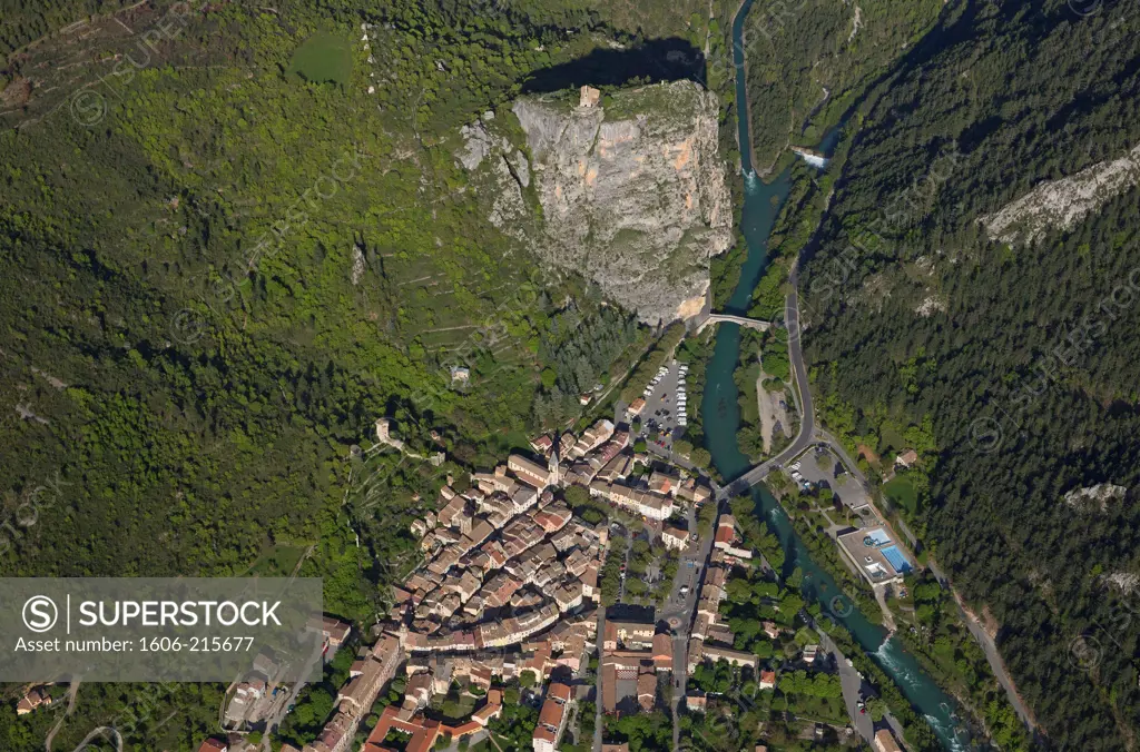 France, Alpes-Maritimes, Castellane, village situated in the Verdon, near the Castillon lake and dam, aerial view.