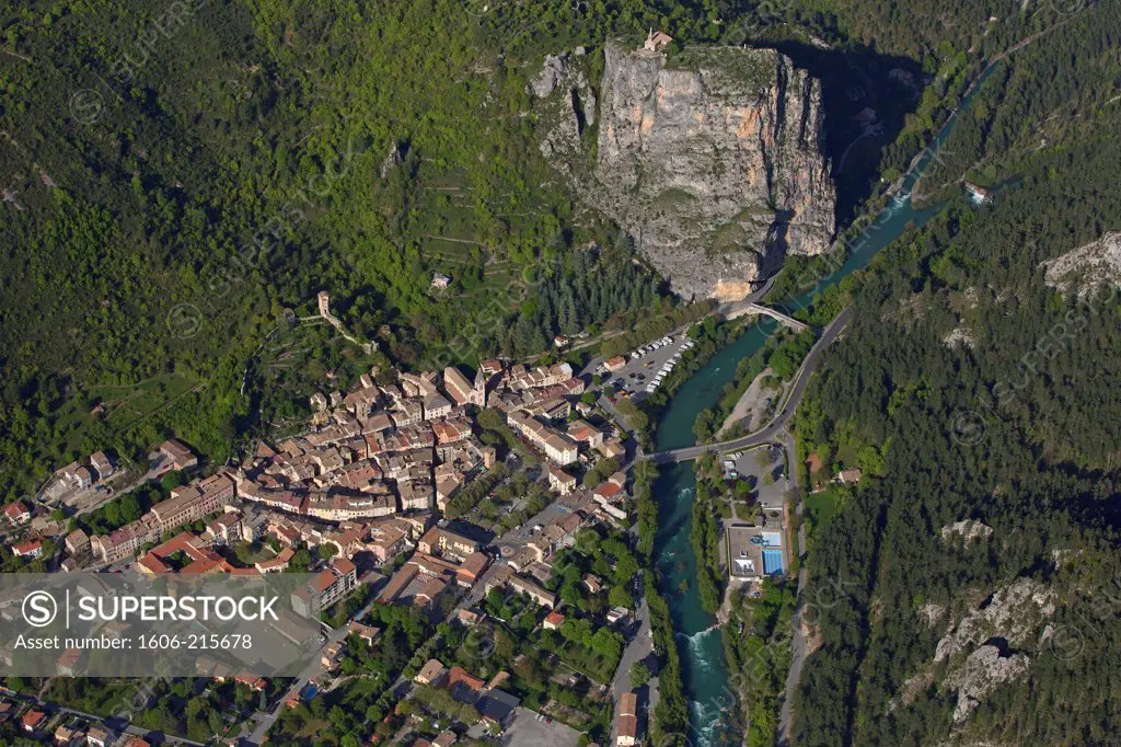France, Alpes-Maritimes, Castellane, village situated in the Verdon, near the Castillon lake and dam, aerial view.
