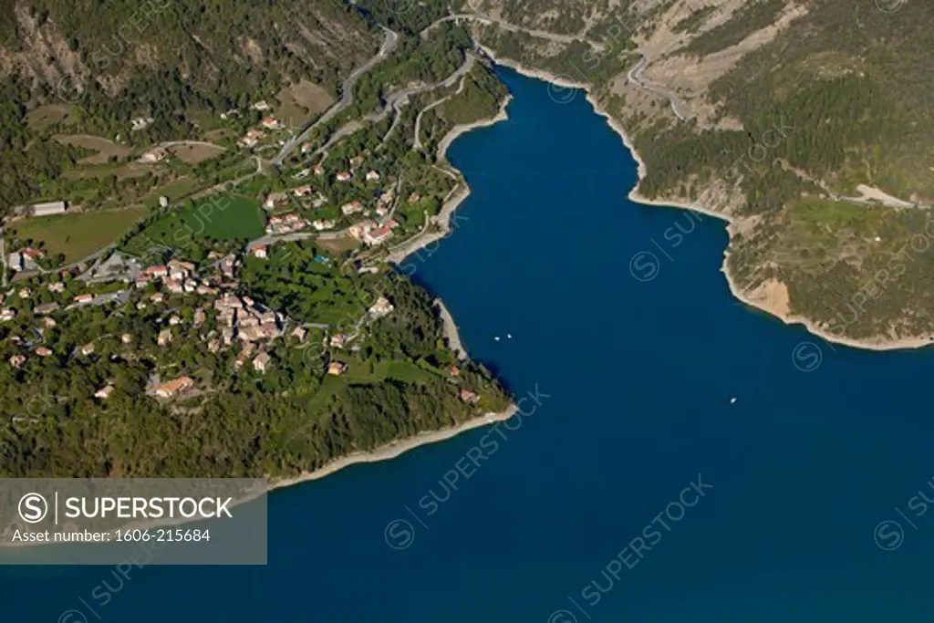 France, Alpes-de-Haute-Provence, Saint Julien du Verdon, Lac de Castillon, aerial view