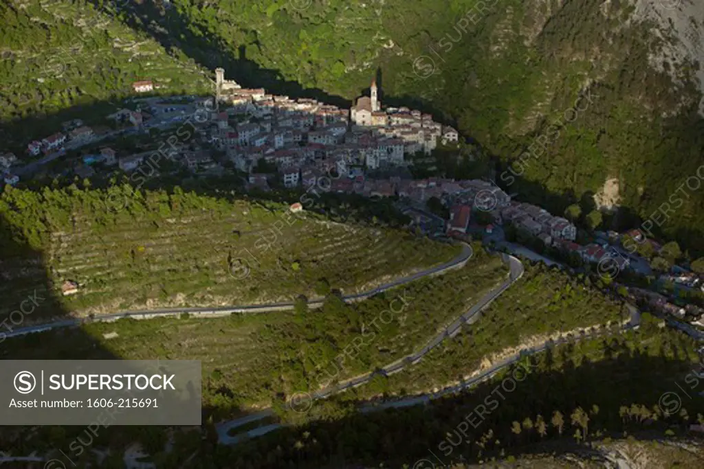 France, Alpes-Maritimes, Luceram, old village built on a rocky spur overlooking the Paillon, aerial view