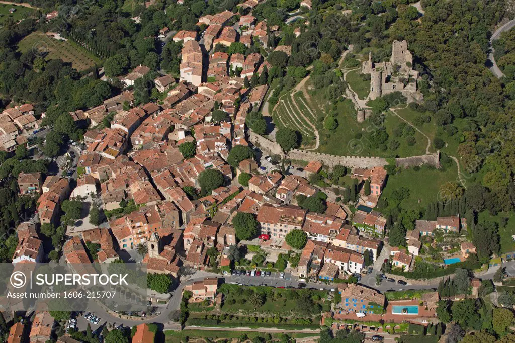 France, Var, Grimaud, ruins of a castle sit on top of a medieval village (early eleventh century), aerial view