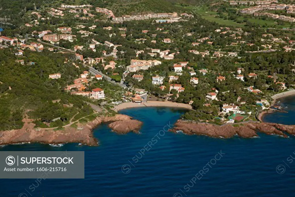 France, Var, Agay, tourist resort in the Massif de l'Esterel located on the edge of the Mediterranean sea, a typical beach of the Corniche d'Or, aerial view.