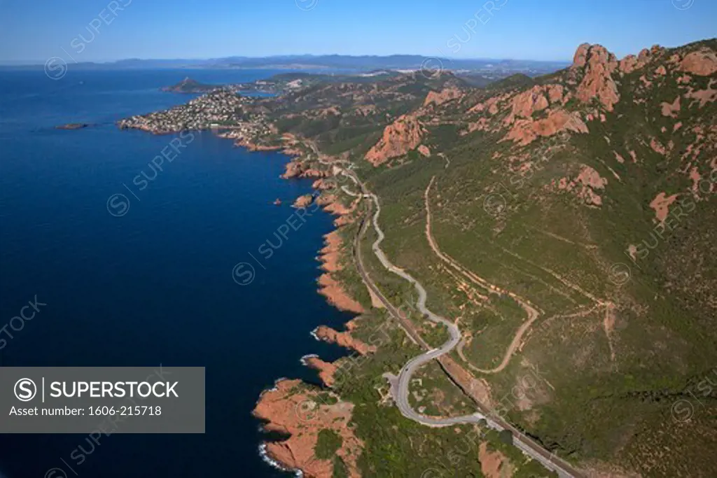 France, Var, Esterel mountain range located on the edge of the Mediterranean sea, the view extends from the peak of Cap Roux to Antheor and Cap du Dramont, aerial view.