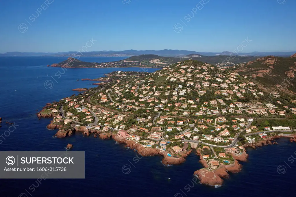 France, Var, Esterel mountain range located on the edge of the Mediterranean sea, the view extends from Antheor, Agay to Cap Dramont, aerial view.