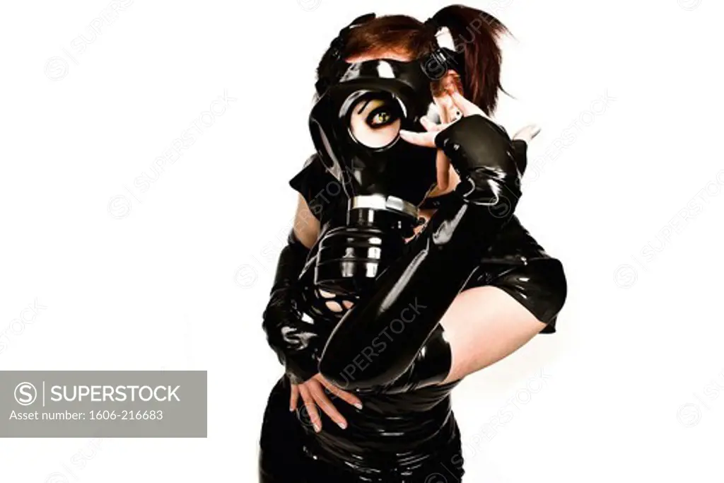 DeathWorker, a Cyberpunk woman with gas mask in a studio