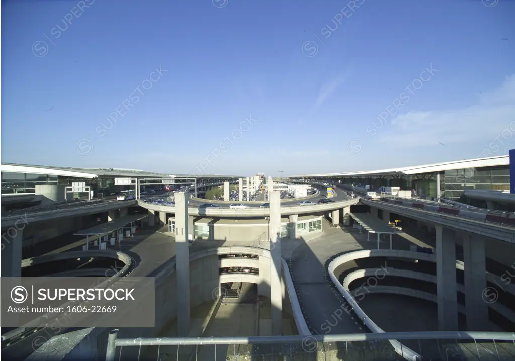 France, Ile-de-France, Seine-et-Marne, Roissy Airport, car parks and roads, blue sky