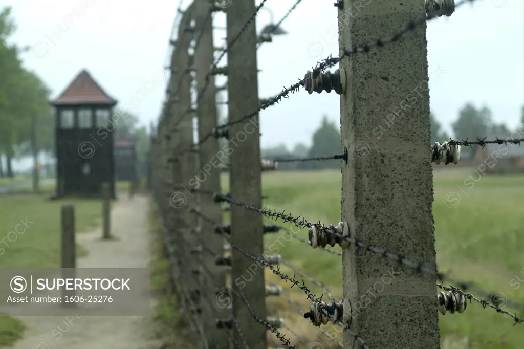 IN*Pologne, camp d'Auschwitz Birkenau, gros plan sur fils barbelés et poteaux, mirador en arrière-plan
