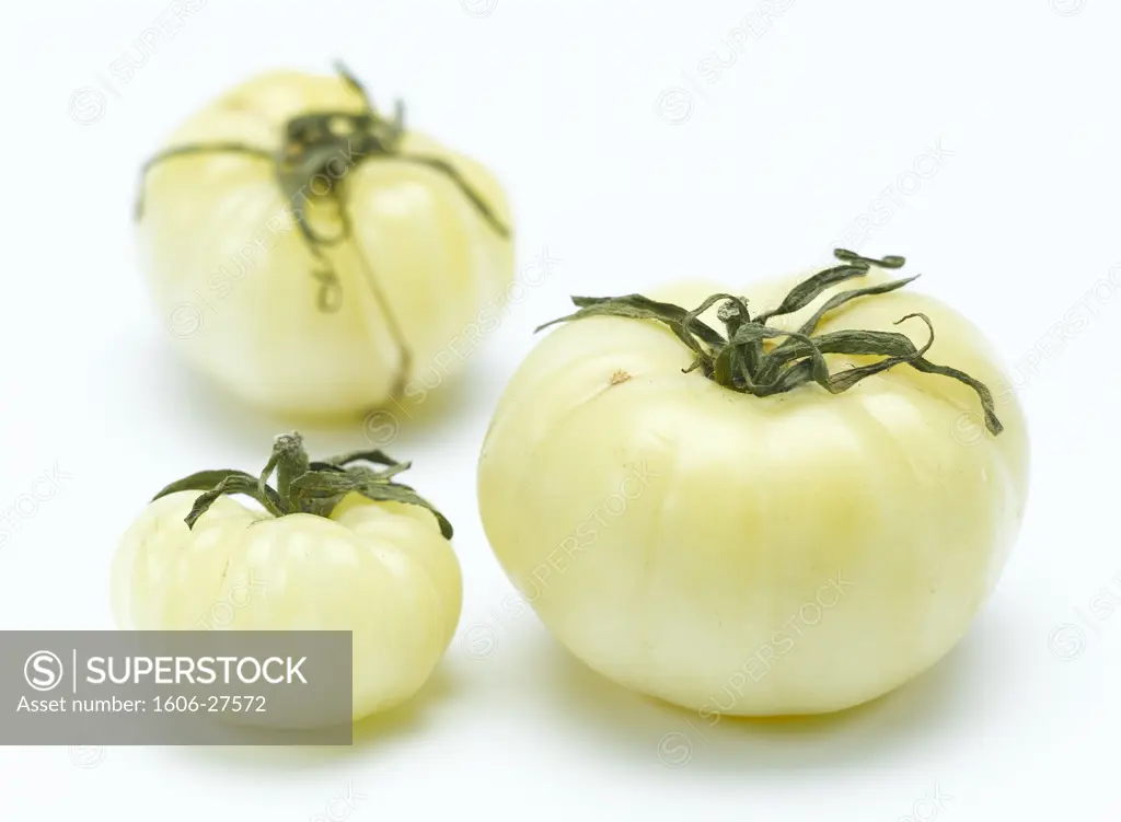 Close up on 3 white tomatos, white background
