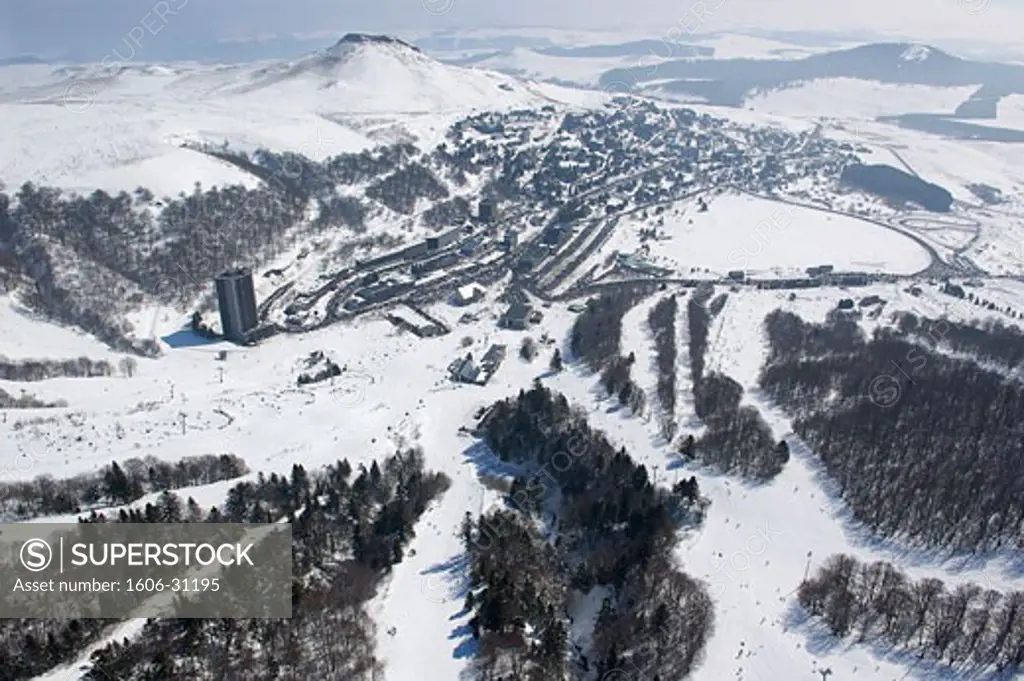 France, Auvergne, Puy-de-Dôme, aerial view of Super-Besse ski-resort
