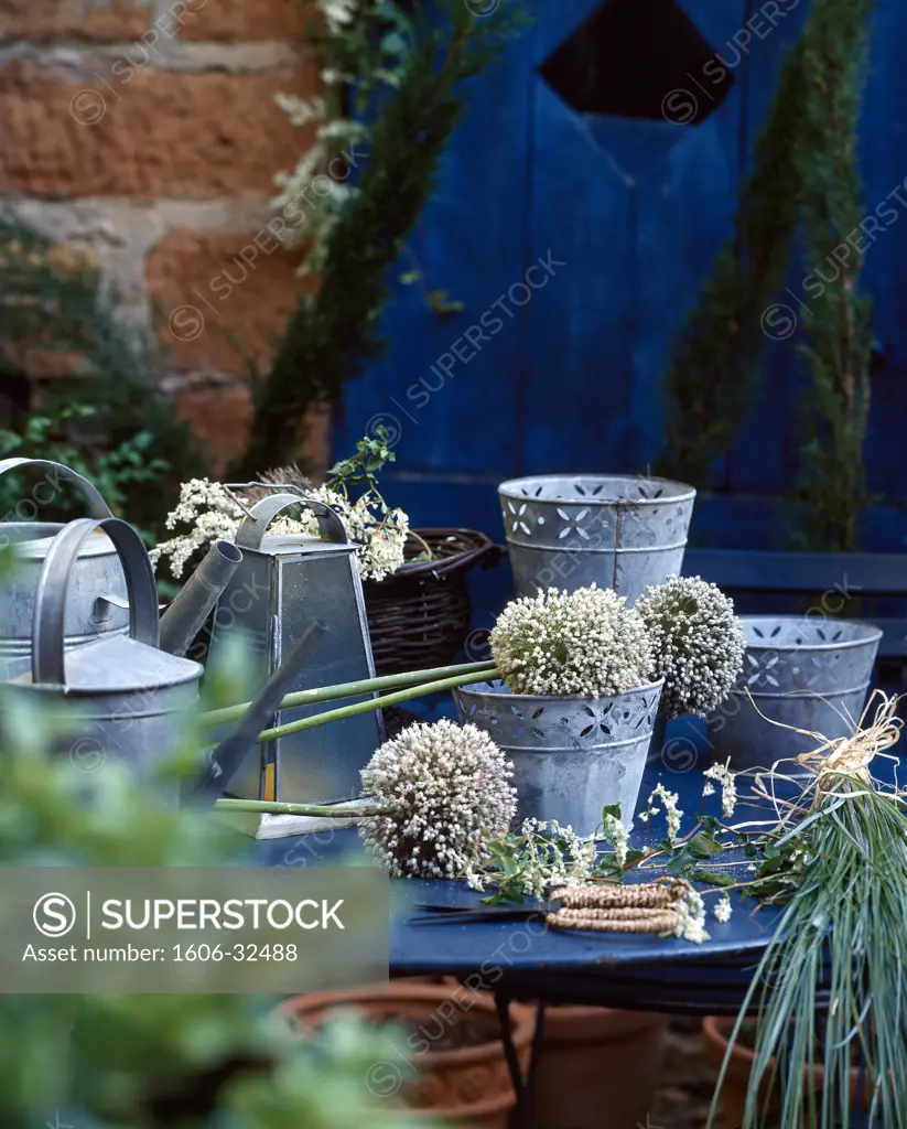 France, Provence, Vaucluse, iron containers on a table on terrace, summer