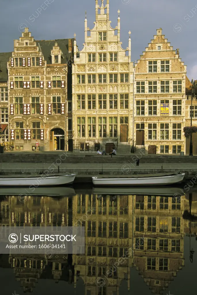 Belgium, Gand, Graslei (Herb Quay), gabled façade, people, water, small boats